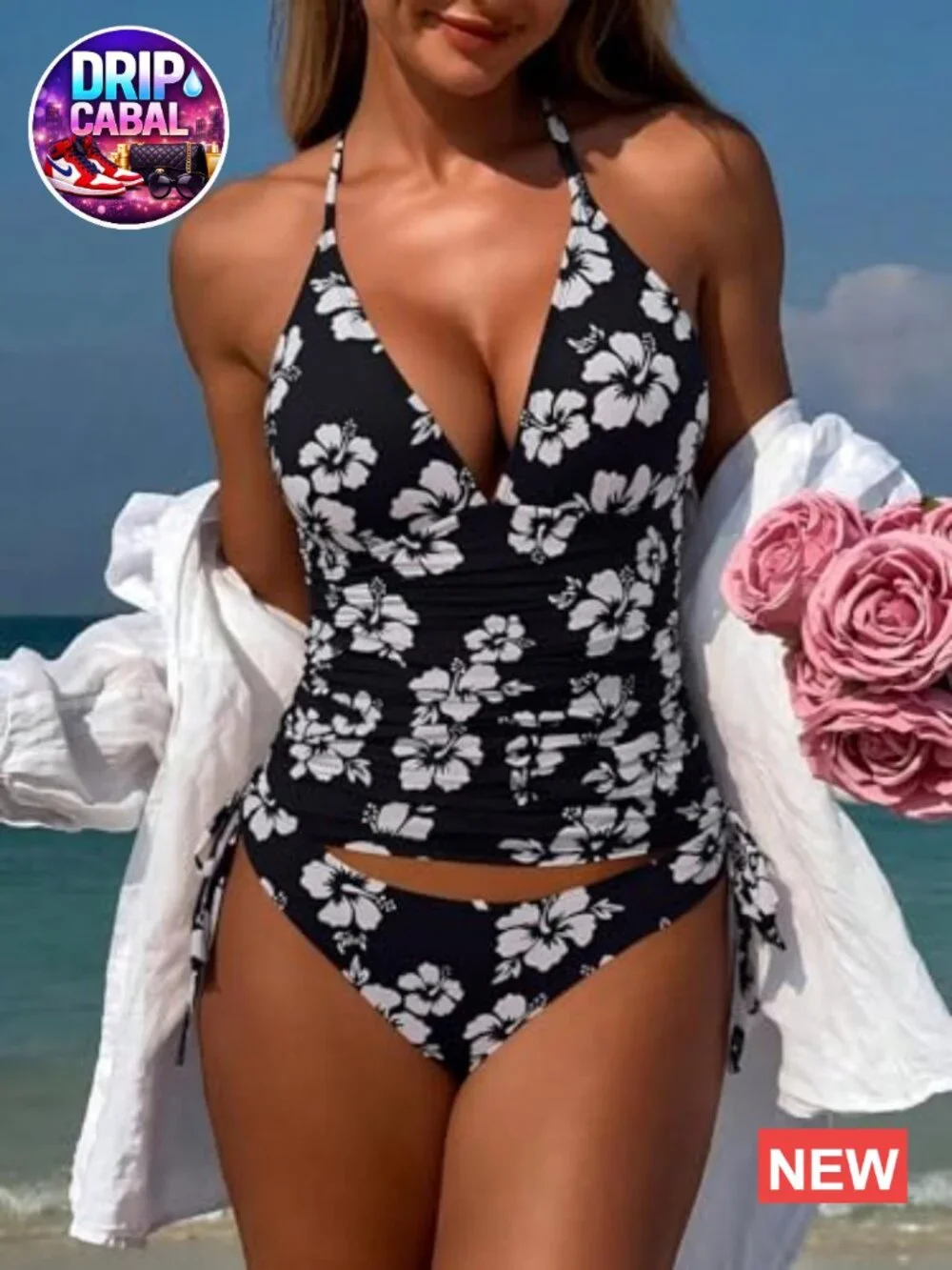 Floral Print Tankini Swimsuit Tummy Control Halter Neck 2 Piece Bathing Suit